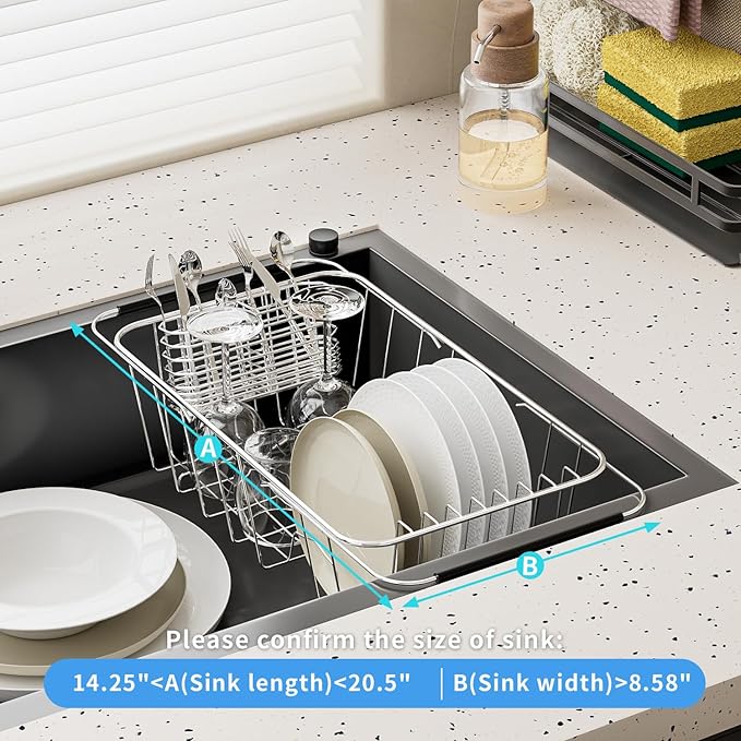 JAQ Over Sink Dish Drying Rack for Small Sink, Compact Expandable 14.25"–22.44", Adjustable 304 Stainless Steel Dish Drainer with Utensil Holder, Space Saving for Small Kitchen