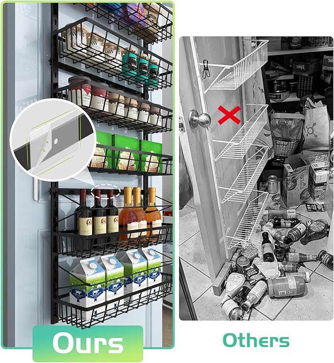 Mefirt Over The Door Pantry Organizer, Pantry Storage and Organization, 6-Tier Adjustable Hanging Baskets, Metal Wall Mount Spice Rack Seasoning Shelves for Home & Kitchen, Laundry Bathroom - Black
