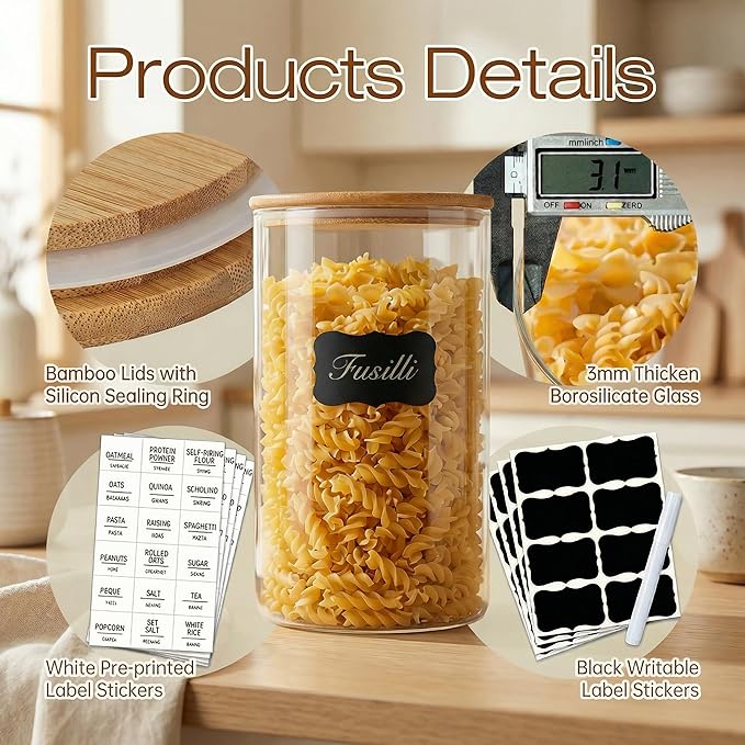 HomArtist Extra Large Glass Flour and Sugar Storage Containers with Airtight lid,105 floz x1 & 48 floz x1 [Set of 2] Big Glass Jars with Bamboo Lids, Air Tight Food Jar for Cereal, Pasta, Rice, Coffee