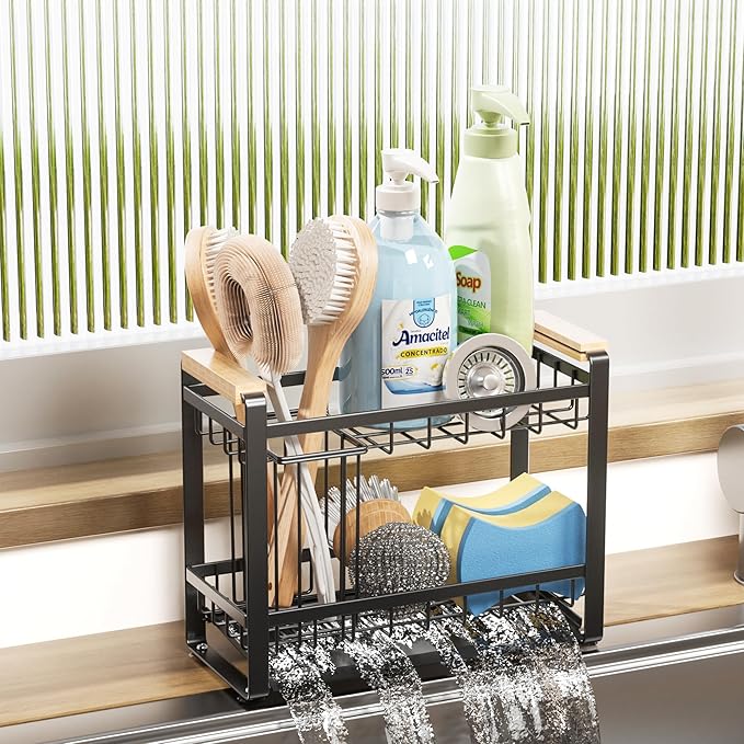 Sink Caddy Organizer with Wooden Handle, 2-Tier Rustproof Metal Sink Organizer Non-Slip Suction Cups, Multi-Functional Storage for Sponge, Soap Dispenser, Kitchen and Bathroom Countertop Accessories