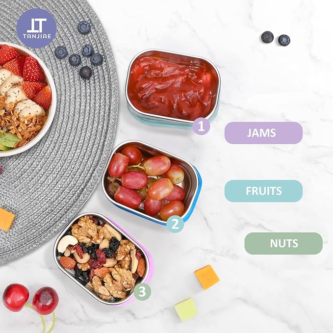 Tanjiae Snack Pro - Small (1 CUP) Stainless Steel Snack Containers for Kids | Easy Open Leak Proof Food Containers with Silicone Lids - Perfect Metal Toddler Lunch Box for Daycare and School (8oz*3)