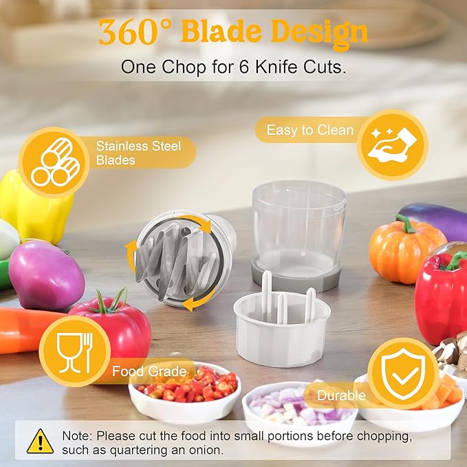 Food Chopper with Container – Manual Onion & Vegetable Chopper, 360° Stainless Steel Blades, Handheld Garlic Nut Veggie Cutter, Dishwasher Safe, Easy to Clean, White