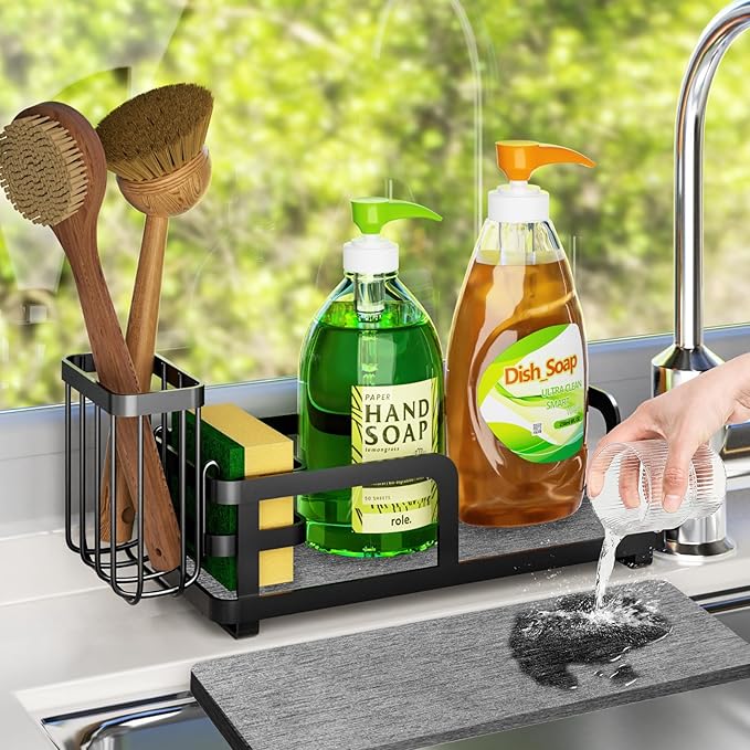 Kitchen Sink Caddy Organizer for Instant Dry, Rustproof Sponge Holder & Dish Soap Tray with Diatomaceous Earth, Countertop Brush Storage,10.2" X 4.7" X 4.1",Black
