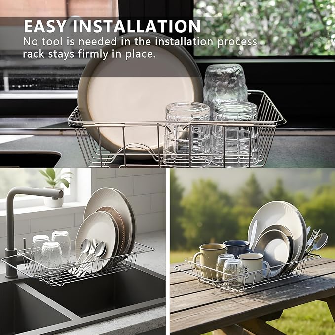 Over The Sink Dish Drainer Drying Rack - Expandable Stainless Steel in Sink Dish Drying Rack, High-Capacity, Rustproof, Easy Install, with Utensil Holder - Dish Racks for Kitchen Counter