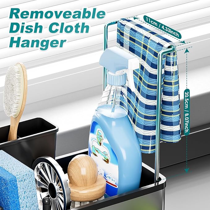 Ewaiira Stainless Steel Sink Caddy, Sponge Holder for Kitchen Sink with Brush Holder and Towel Rack, Sink Organizer for Countertop, Soap Dispenser Kitchen Organizers Storage Essentials (A-Black)