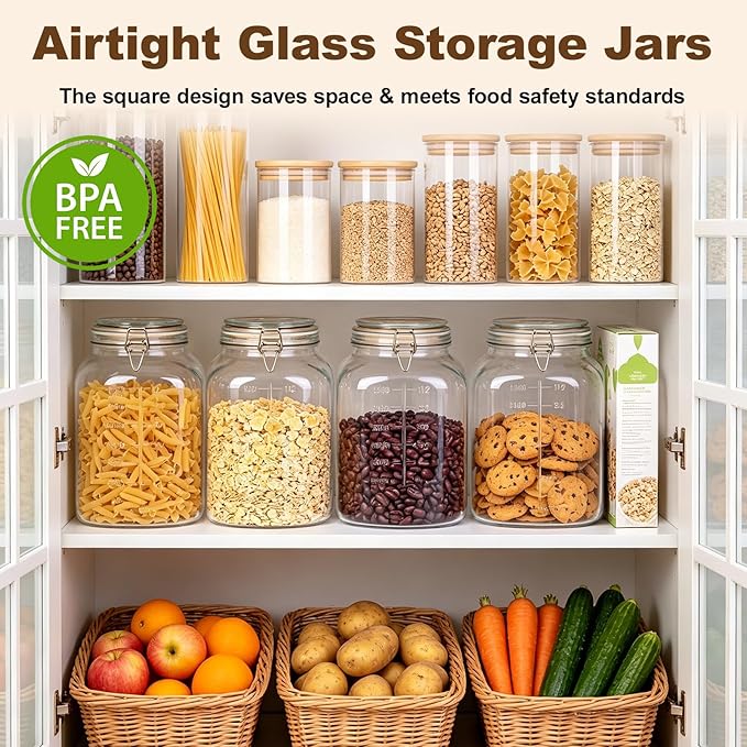 2 Pack 1.1 Gallon Square Super Wide Mouth, Airtight Glass Storage Jars, with Measurement Marks, Leak-Proof Lids for Kitchen Pantry, Canning, Dry Food (Flour, Sugar) & Drinks