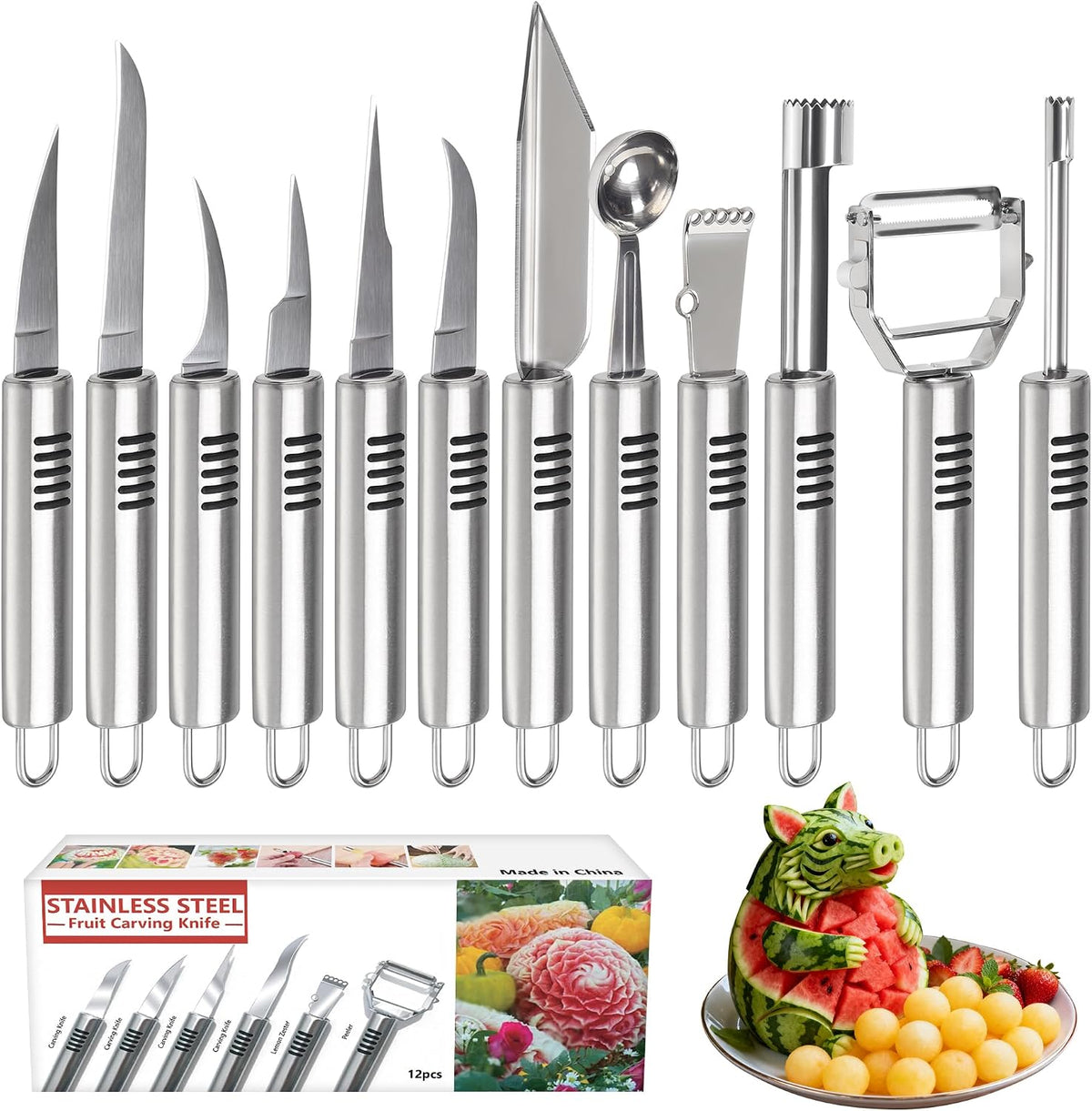 12Pcs Fruit&Veggie Carving Knife Set,Garnish Tool,Stainless Steel