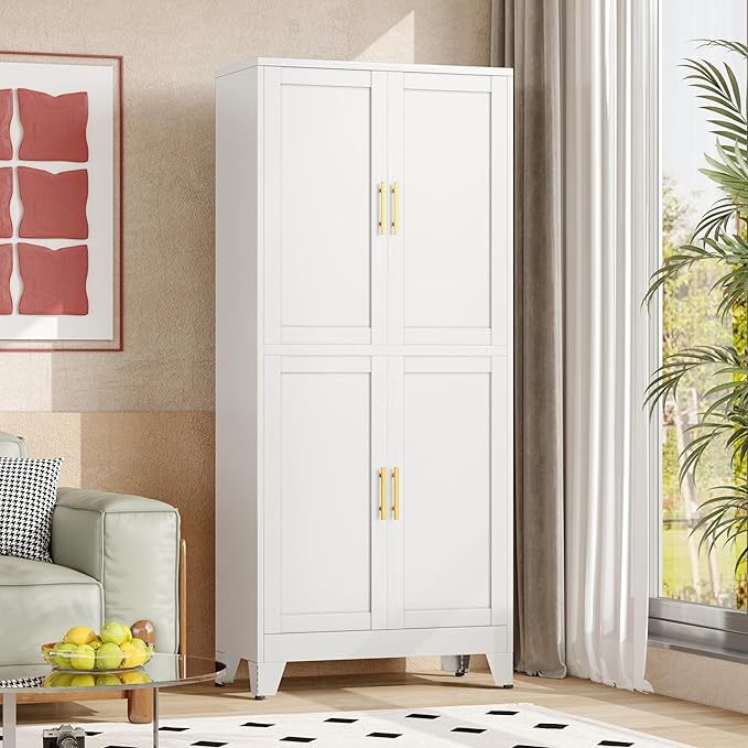 winiowa 75" Tall Kitchen Pantry Cabinet, Metal Storage Cabinet with Doors and Adjustable Shelves, White Freestanding Pantry Cabinet for Kitchen, Dining Room, Living Room, Laundry Room, Bathroom