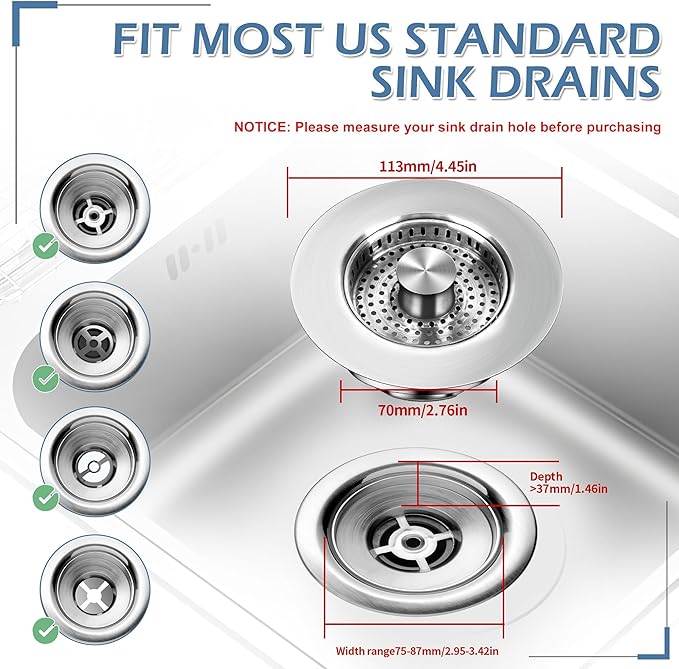 3 in 1 Kitchen Sink Drain Strainer ，304 Stainless Steel Kitchen Sink Stopper and Basket,Long-Term Water Storage，Bass Bounce Core，General，Filter for Standard 3-1/2 inch Drain (2-Pack)