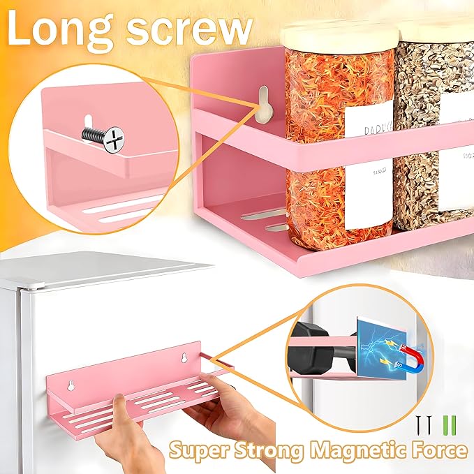 SMRCAD Magnetic Spice Rack for Refrigerator, 4pack Magnetic Shelf for Fridge Space Saving Seasoning Organizer for Any Metal Surface No Drilling Needed (PINK, 4pack)