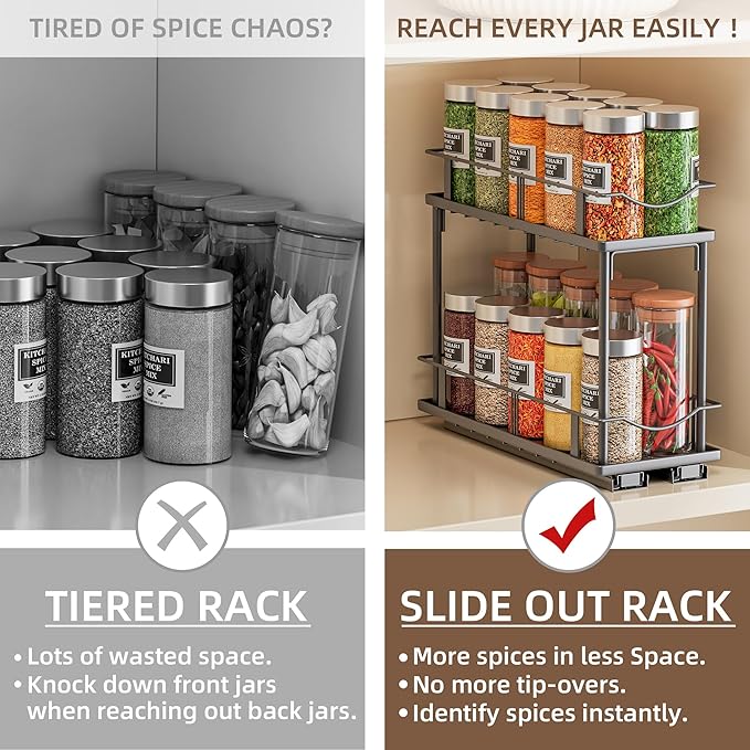 1 Packs Pull Out Spice Rack Organizer for Cabinet, 2-Tier Slide Out Seasoning Organizer, Narrow Cabinet Spice Rack, 10.7" Dx4.8 Wx8.85 H, Full Extension Ball Bearing Glides, Kitchen Pantry Organizer
