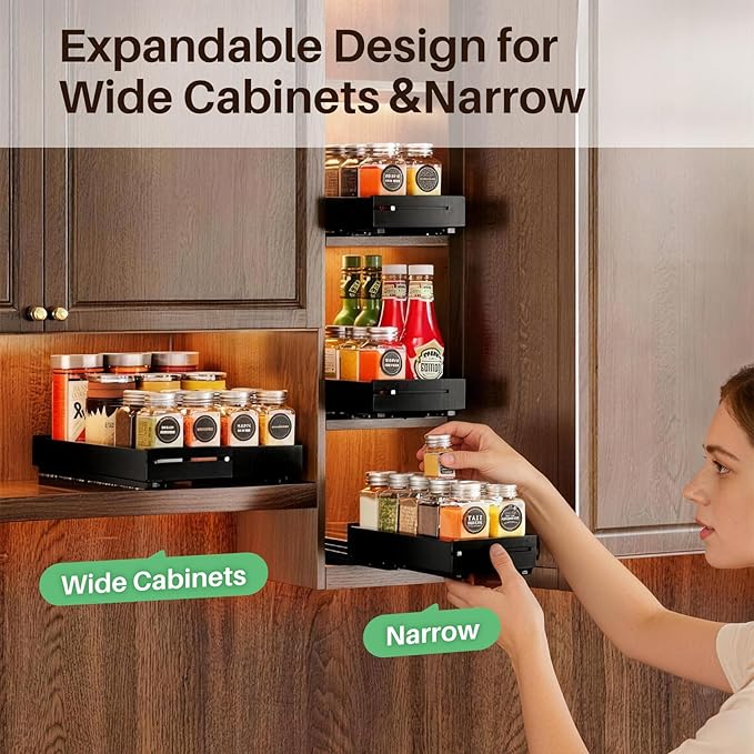 SNTD Pull Out Spice Rack for Upper Cabinet - Expandable Organizer with Smooth Ball Bearing Slides, No Drill Mounting Spice Storage for Kitchen (1 Pack, 4.1" to 7.2" W X 10" D X 2.2" H)