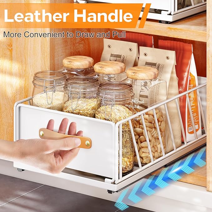 Pull out Cabinet Organizer,Heavy Duty Slide out Pantry Shelves Drawer Storage with Adhesive Nano Film,Sliding Mesh Cabinet Basket with Handle for Kitchen, Bathroom, Home, 11.8W" X 15.7"D X 6.2"H,White