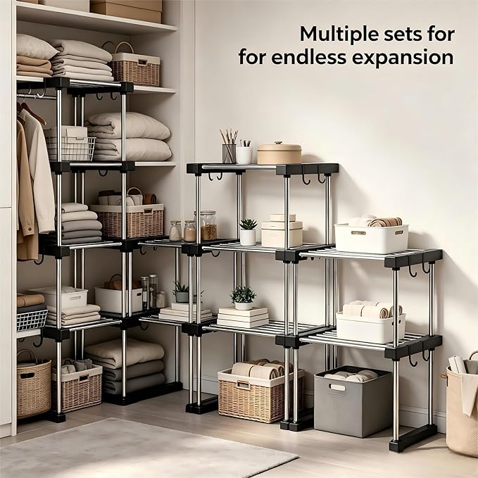 BLULEE Expandable Under Sink Organizer, No-Drill Adjustable Shelf for Heavy Laundry Supplies, Custom Fit Around Pipes Cabinet Rack for Bathroom Vanity and Kitchen Pantry