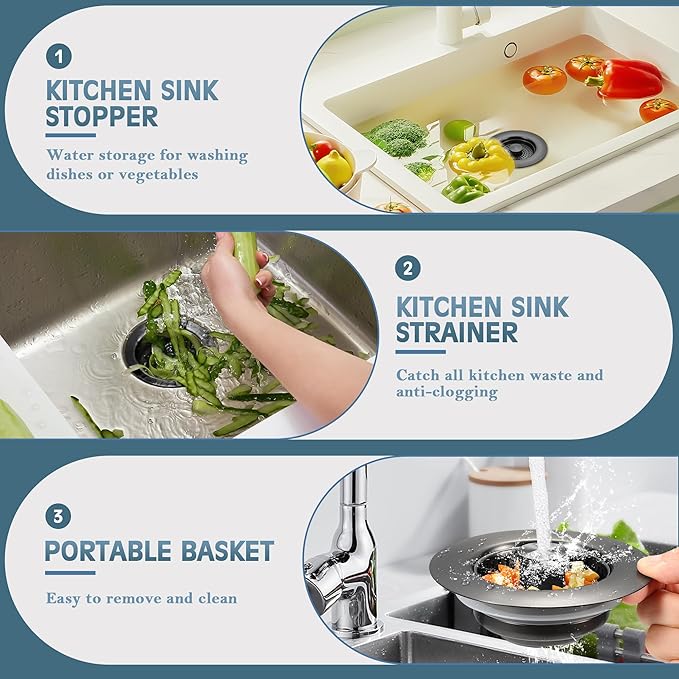 Kitchen Sink Drain Strainer 2 Pack, 304 Stainless Steel Pop Up Sink Stopper, Anti-Clogging Sink Drain Strainer for US Standard Kitchen Drain (Gunmetal Gray)