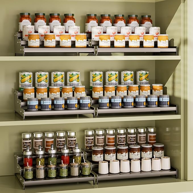 Expandable Carbon Steel Spice Rack Organizer for Pantry, Adjustable 3-Tier Ladder Shelf,Holds Up to 24 Cans,Kitchen Countertop Organizer, Rustproof Storage Rack for Spices, Cans, Sauces & Dry Goods