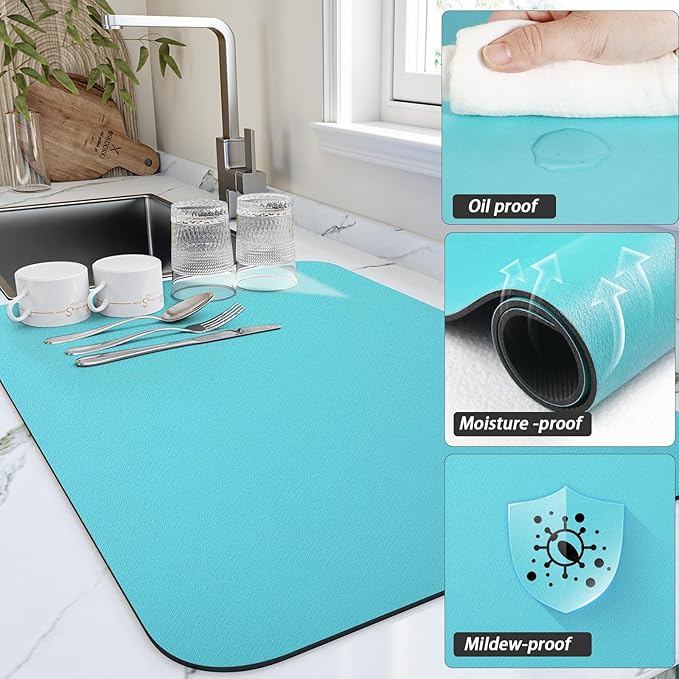 HotLive Dish Drying Mat for Kitchen Counter, Heat Resistant Drainer Mats with Non-slip Rubber Backed, Hide Stain Kitchen Super Absorbent Draining Mat, Easy to Clean Dish Rack Pad, Teal 18"x28"