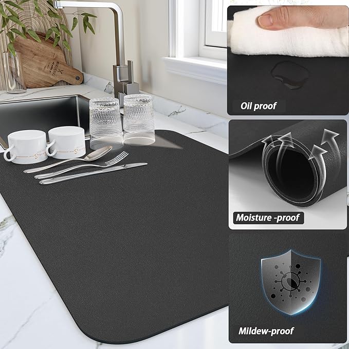 HotLive Dish Drying Mat for Kitchen Counter, Heat Resistant Drainer Mats with Non-slip Rubber Backed, Hide Stain Kitchen Super Absorbent Draining Mat, Easy to Clean Dish Rack Pad, Black 18"x24"
