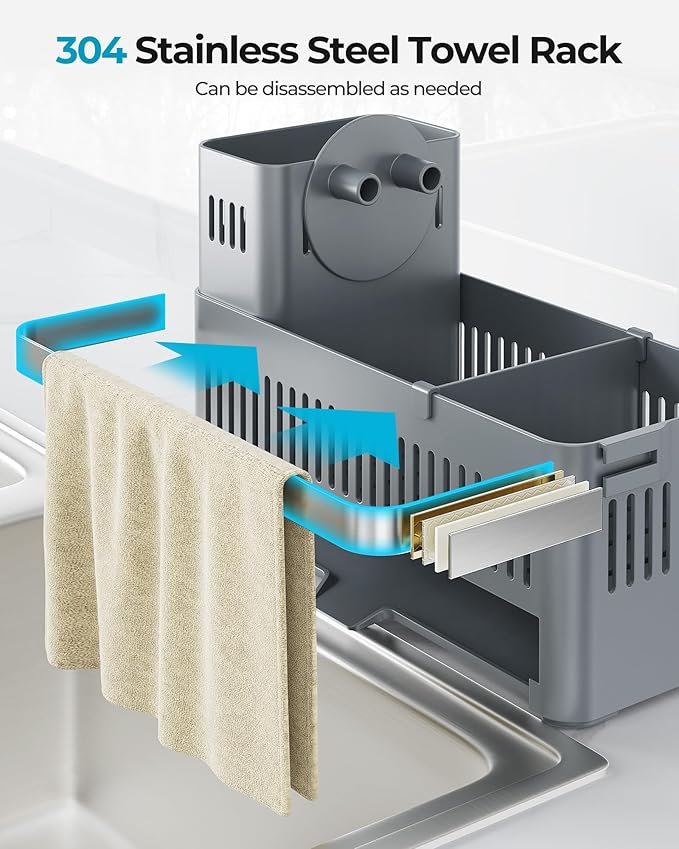 Nieifi Sponge Holder for Kitchen Sink, Sink Caddy with Towel Rack, Dish Sponge Holder, Brush Holder for Kitchen Sink Organizer Storage, Grey