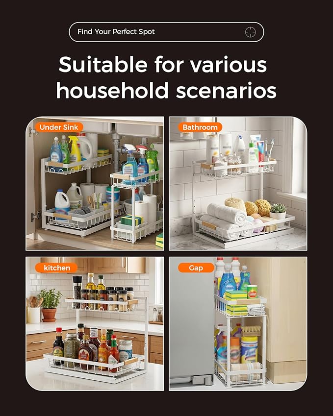 Sevenblue 3 Pack Under Sink Organizer, Height Adjustable 2 Tier Pull-Out Metal Under Kitchen Sink Organizer, Multi-Purpose Storage Shelves for Kitchen Bathroom Cabinet, White