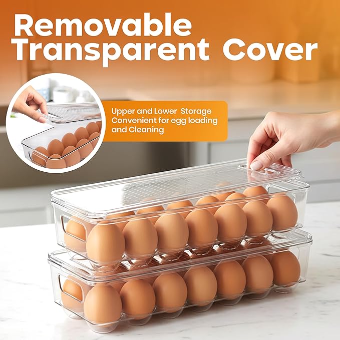 Utopia Home Egg Container With Lid and Handle for Refrigerator Organization- Pack of 2 - Clear Stackable Egg Holder for Kitchen or Pantry Organizers and Storage