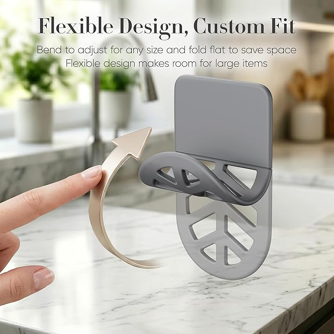 Flexible Sponge Holder for Kitchen Sink Adhesive - Bendable Silicone Sink Caddy 2 Pack, Metal Core Dish Scrubber Rack, Fold-Flat Organizer for Soap Brush Razor, Stone Wall Mount (Gray)