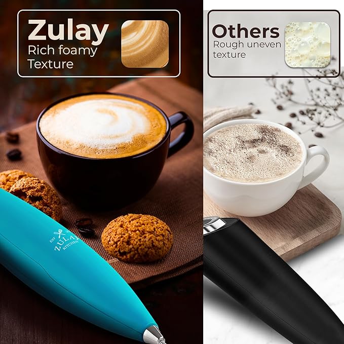 Zulay Kitchen Powerful Milk Frother Wand With Duracell Batteries - Ultra Fast Handheld Drink Mixer - Electric Whisk Foam Maker for Coffee, Lattes, Cappuccino & Matcha - Triple Whisk - Pacific Blue