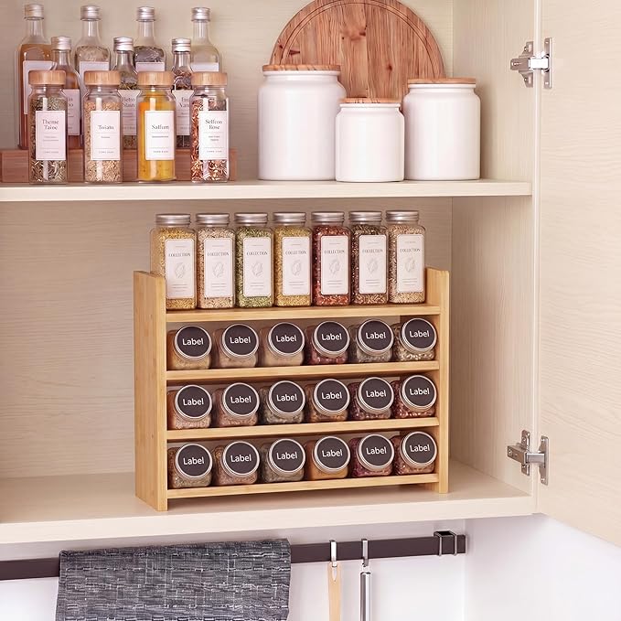 Gerrii 4 Tier Bamboo Spice Rack Organizer for Cabinet Wall Mounted, Large Capacity Spice Shelf for 28 Jars, Farmhouse Kitchen Aesthetic, Natural Bamboo Seasoning Shelf, Kitchen Countertop Space Saving