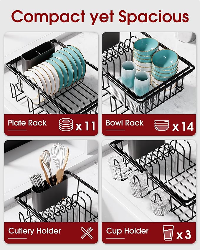 Sakugi Dish Drying Rack in Sink - Expandable Stainless Steel Dish Rack Over The Sink, Kitchen Sink Drain Strainer with Cutlery Holder & Cup Holders, 15.4 x 11.3 x 6.6 Inch, Black