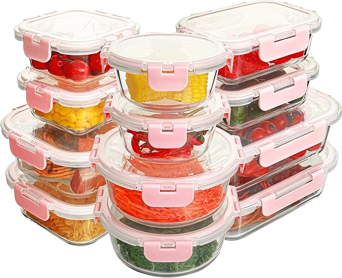 12 Pack Glass Food Storage Containers Set, Glass Meal Prep Containers with Lids, Airtight Lunch Containers, Dishwasher Safe, pink