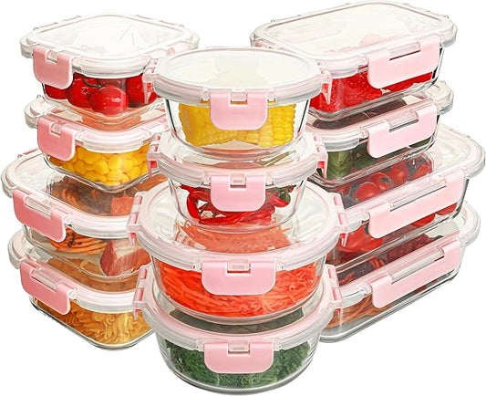12 Pack Glass Food Storage Containers Set, Glass Meal Prep Containers with Lids, Airtight Lunch Containers, Dishwasher Safe, pink