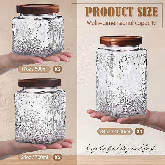 Suclain 5 Pcs Sunflower Vintage Glass Jars with Bamboo Airtight Lid 17/24/34 oz Glass Food Containers Storage for Kitchen Counter Pantry Sugar Flour Coffee Tea Candy Oats Cereal(Square)