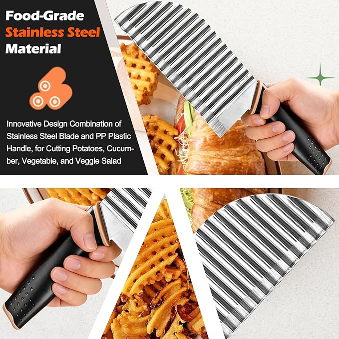 JAYVAR Large Crinkle Cutter Wave Potato Slicer, Stainless Steel French Fry Cutter Wavy Chopper, Vegetable Crinkle Cutting Tool with Handle for Cucumber, Kitchen Dicer Gadgets, Kitchen Veggie Slicer