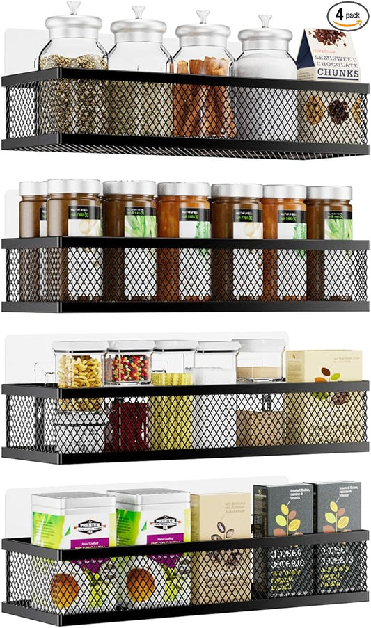 Spice Rack Wall Mount, 4 Pack Pantry Door Organizer & Hanging Storage Baskets Organizer Wall Mount, Large Capacity Metal Spice Shelf for Kitchen Cabinet, Pantry Doors, Bathroom, Shower, Home Decor