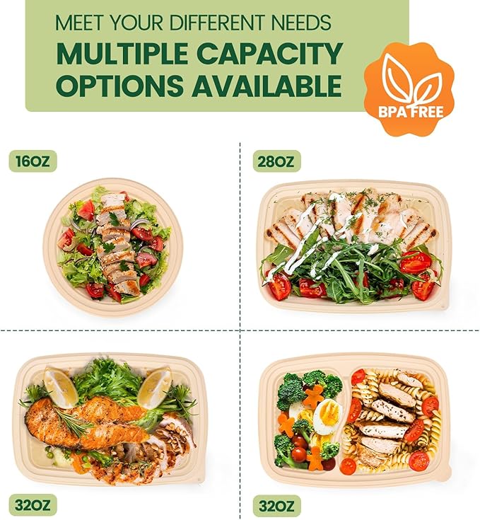 50 Pack (100 Piece) Food Containers with Lids, 22oz Meal Prep Containers Reusable Plant-based Cornstarch Lunch Box BPA Free Small Disposable Take Out Togo Boxes for Salad Microwave & Freezer Safe