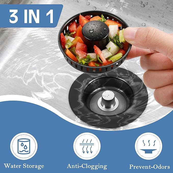 Kitchen Sink Drain Strainer 3 Pack, 304 Stainless Steel Pop Up Sink Stopper, Anti-Clogging Sink Drain Strainer for US Standard Kitchen Drain (Matte Black)