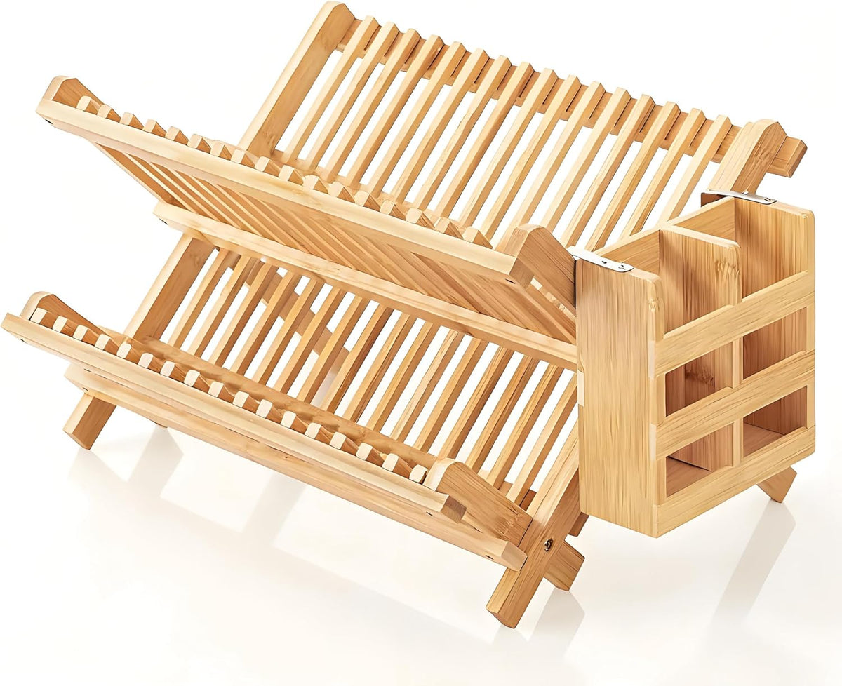 Dish Drying Rack Collapsible 2-Tier Bamboo Dish Rack for Kitchen Counter Wooden Dish Drainer with Foldable Space-Saving Design for Dishes, Plates, and Cups