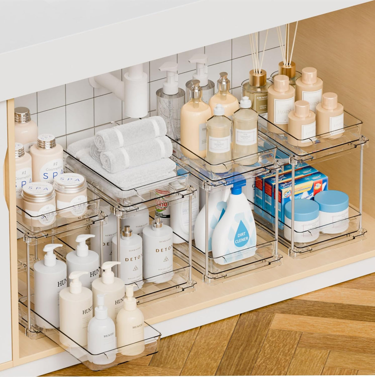 4 Pack Under Sink Organizers and Storage,Clear Acrylic Bathroom Organizer and Cabinet Organization for Makeup,Medicine,Two Tier Pull Out Cabinet Organizer Drawers for Pantry,Vanity Storage Bins
