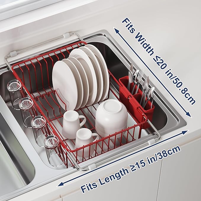 JASIWAY Red in Sink Dish Drying Rack, Expandable Stainless Steel Small Dish Rack Over Kitchen Sink, Plate Drainer Strainer with Utensil Holder & Cup Holders, Counter Space Saving Wire Dryer Rack
