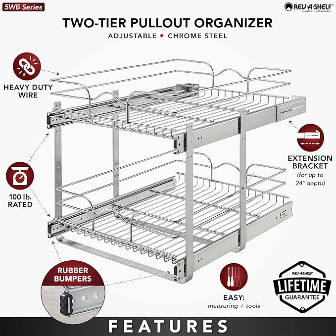Rev-A-Shelf 2-Tier Pullout Shelf and Drawer Organizer for Kitchen Cabinets, Slide Out Storage Basket, Min Opening Width of 17.5", 18" x 22", 5WB2-1822CR-1