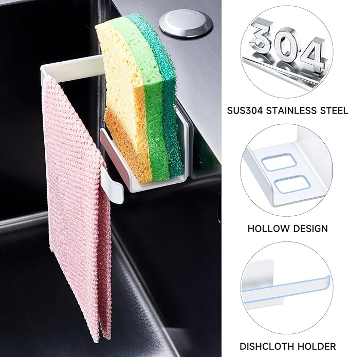 Sponge Holder for Kitchen Sink, Adhesive Dishcloth Holder, Dish Sponge Kitchen Sink Caddy 2 in 1, Metal Dishcloth Racks Sink for Dishcloths, Sponges, Brushes and Glove (White)