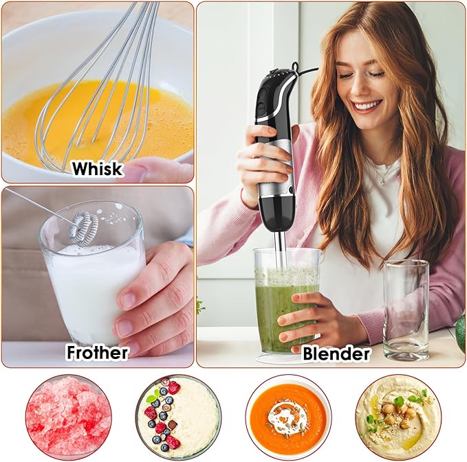 Blackcow Immersion Blender Handheld, Corded Hand Blenders Set 800W, 12 Speed Stick Blender 5 in 1 Stick Emulsifier with Chopper, Whisk and Frother for Soup, Baby Food and Smoothies, Black