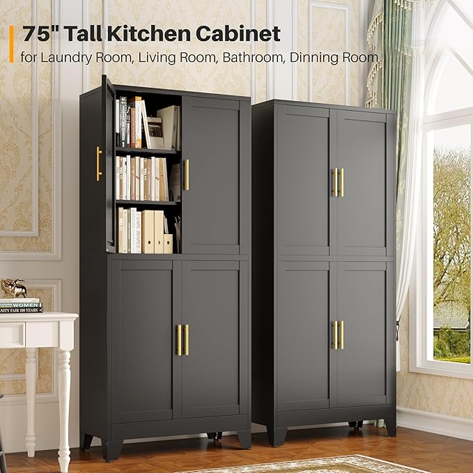 winiowa 75" Tall Kitchen Pantry Cabinet, Metal Storage Cabinet with Doors and Adjustable Shelves, Black Freestanding Pantry Cabinet for Kitchen, Dining Room, Living Room, Laundry Room, Bathroom