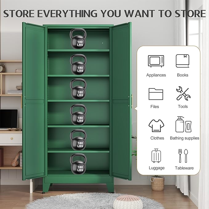 GAIOUS 75.2" Tall Kitchen Food Pantry, Pantry Cabinet with 2 Door and 5 Adjustable Shelves, Green Laundry Room Cabinets, Freestanding Pantry for Kitchen, Study Room, Dining Room and Entryway