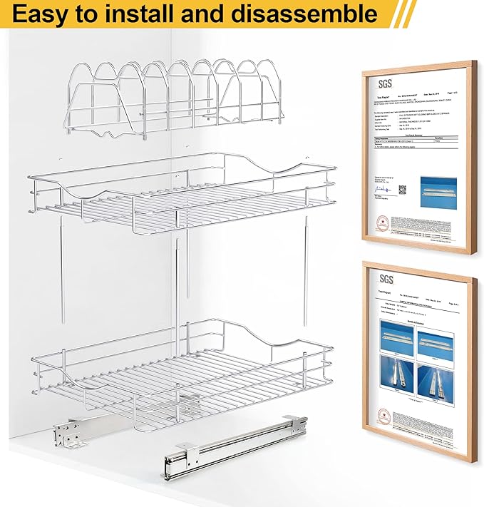FULGENTE Professional Pull Out Cabinet Organizer Rack for Lid Cookware 14" W x 18" D 2 Tier Slide Out Kitchen Cupboard Under Sink Shelves Storage Pullout Pan Pot Organizer Wire Frame Chrome Finish