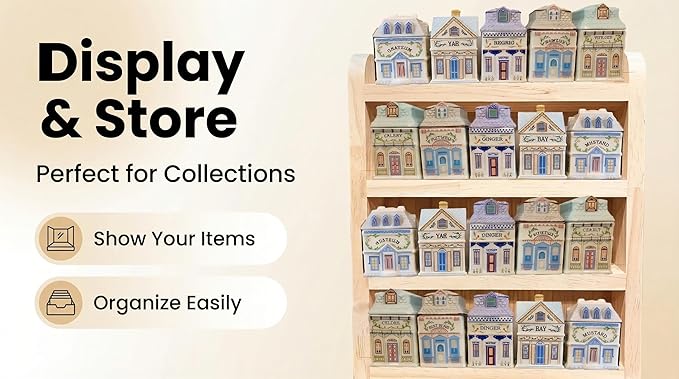 Wood Rack Shelf for Lenox Village Spice Jars 4-Tier Wall Mount Spice Rack for 24 Jars, No Assembly Required Display Organizer for Collectible Mini Spice Houses