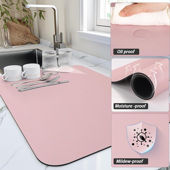 HotLive Dish Drying Mat for Kitchen Counter, Heat Resistant Drainer Mats with Non-slip Rubber Backed, Hide Stain Kitchen Super Absorbent Draining Mat, Easy to Clean Dish Rack Pad, Pink 18"x28"