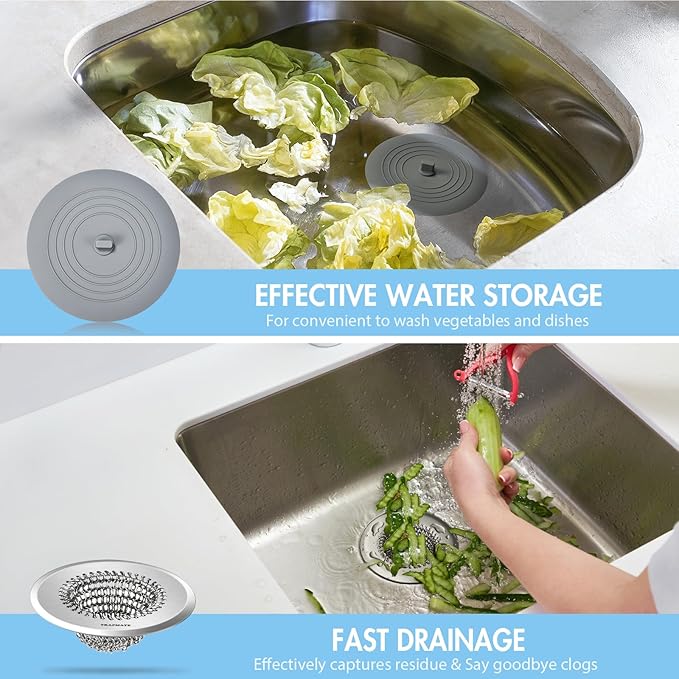 TRAPMATE Kitchen Sink Drain Strainer & Sink Stopper, Revolutionary Stainless Steel Drain Plug Combo, Anti-Clog Garbage Strainer Basket for US Standard Drains, Fits Single & Double Bowl Kitchen Sinks
