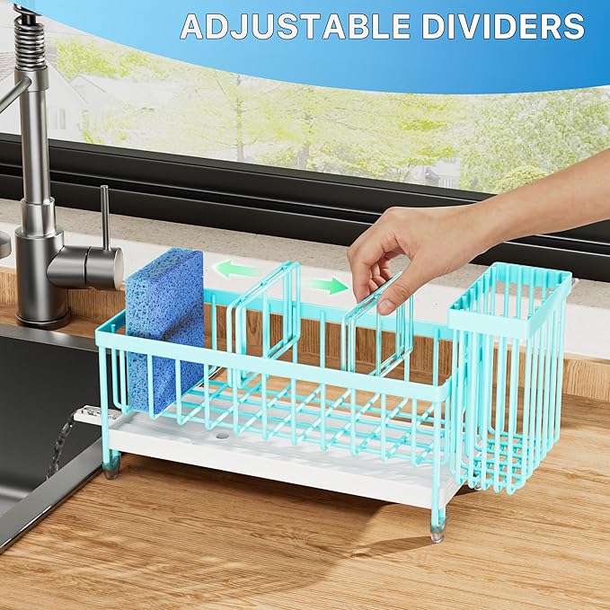 Cisily Sponge Holder for Kitchen Sink, Sink Caddy Organizer with High Brush Holder, Kitchen Countertop Organizers and Storage Essentials, 304 Stainless Steel, Teal Kitchen Decor (Turquoise, 9.25″)