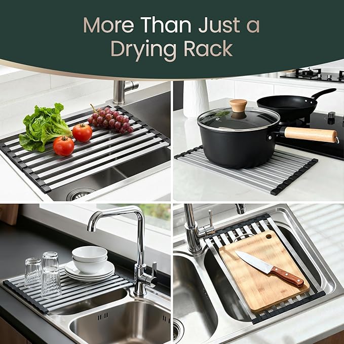 Meowoo Rectangle Dish Drying Rack, 15.7" x 13" Roll Up Over The Sink Dish Drainer Rack, Non-Slip Silicone Base, Stainless Steel Drying Rack for RV & Small Kitchen Sink, Black